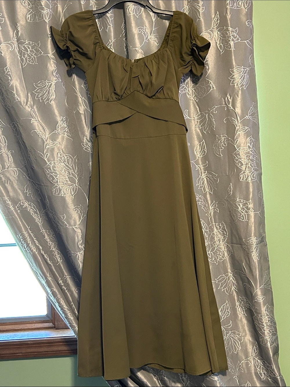 Sage/ Olive Green Puff-Sleeve Midi Dress